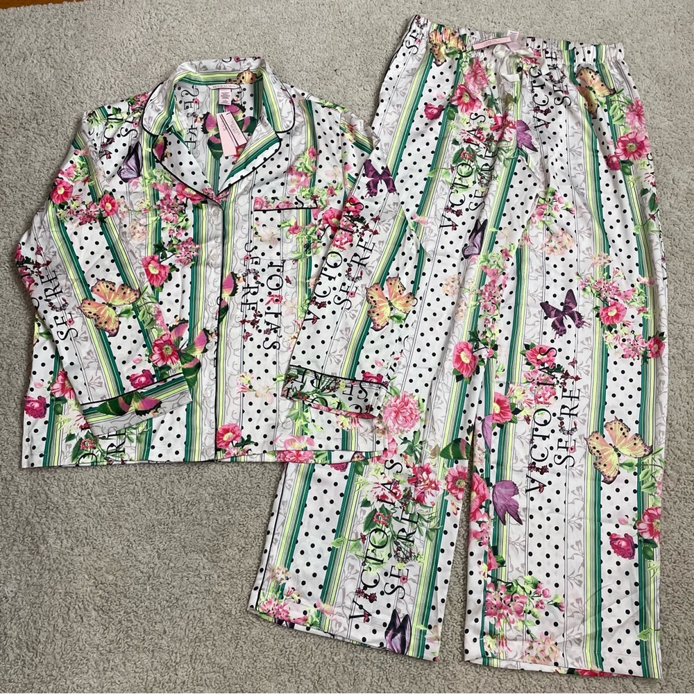 Nwt! VICTORIA'S SECRET Striped POLKA DOT Floral SATIN 2 Piece PAJAMA SET  M